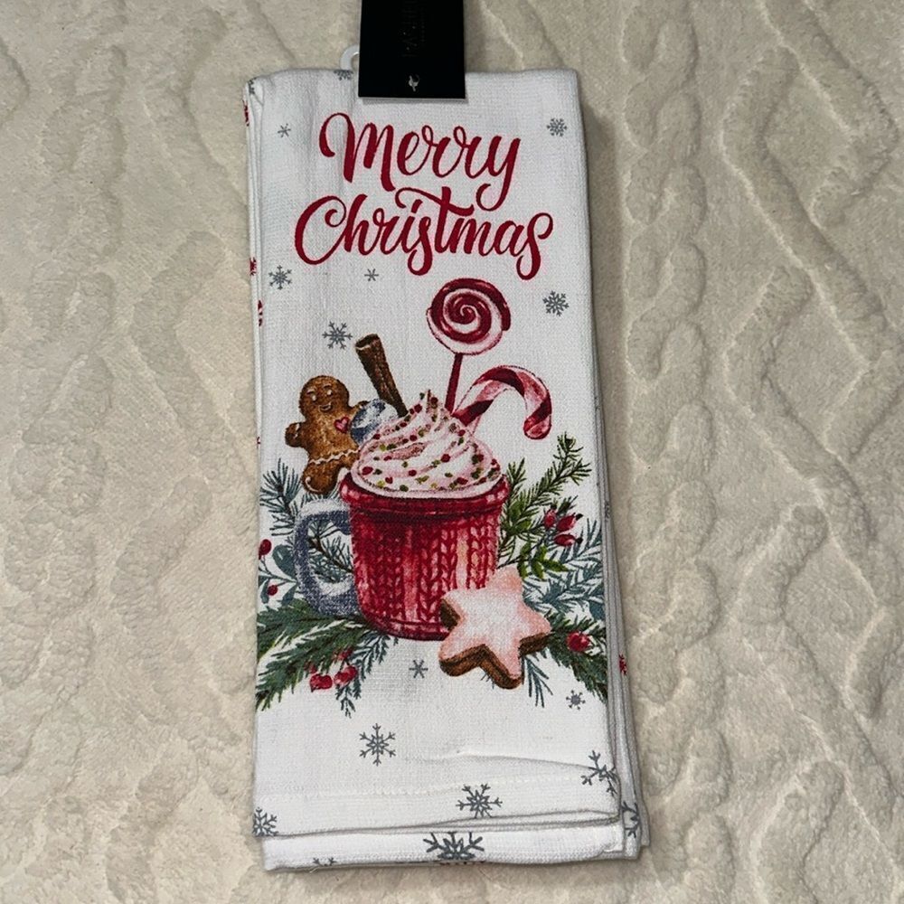 RACHEL ZOE Set of 3 Cotton White Red Green Christmas Gingerbread Kitchen Towels